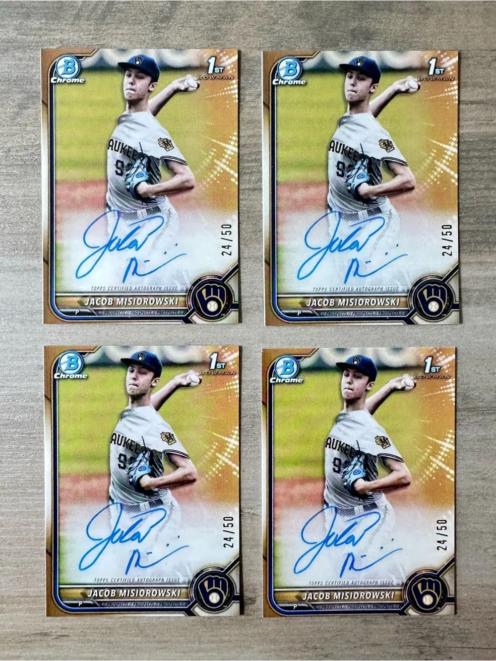 Jacob Misiorowski Lot of (4) Signed 2022 Bowmans Chrome 1st 24/50 Novelty Cards.